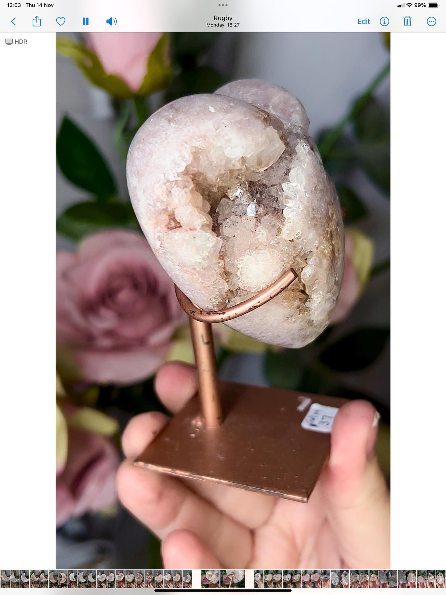 pink amethyst heart with quartz druzy comes with stand that is scratched (discount added)