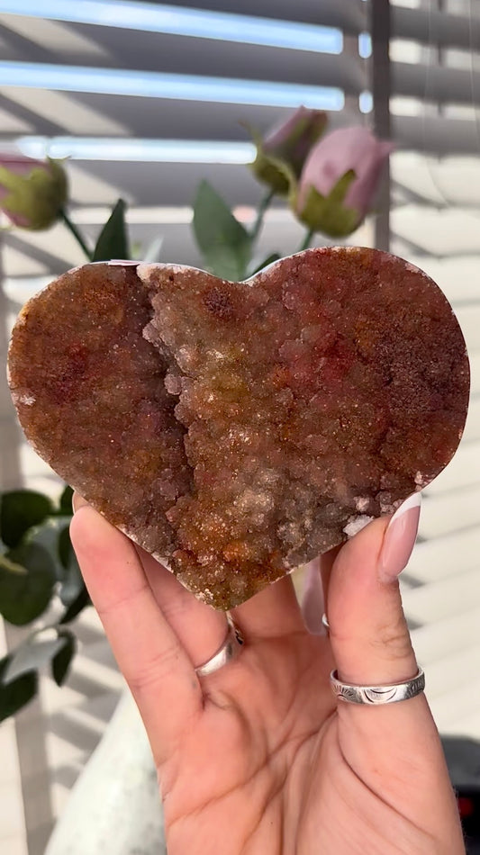 Uruguay, rainbow amethyst heart in rusty tone - comes with stand
