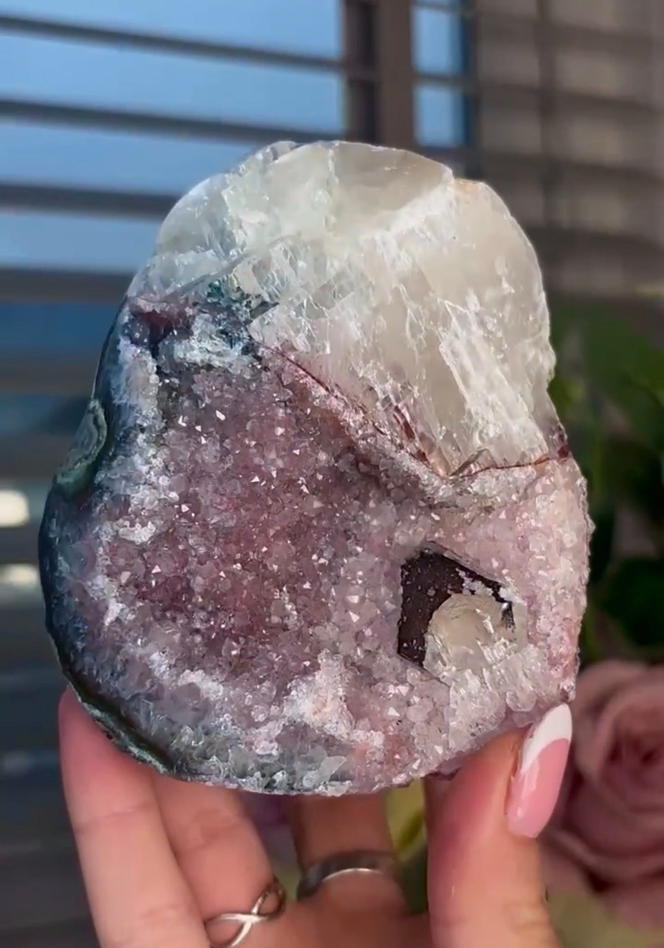 High quality, lavender, pink toned, double cave rainbow amethyst, cutbase with calcite