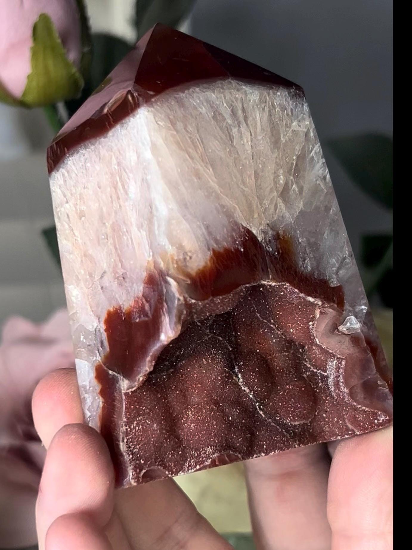 Extra quality, chinky red agate, carnelian tower with quartz & sugar druzy - stands perfectly