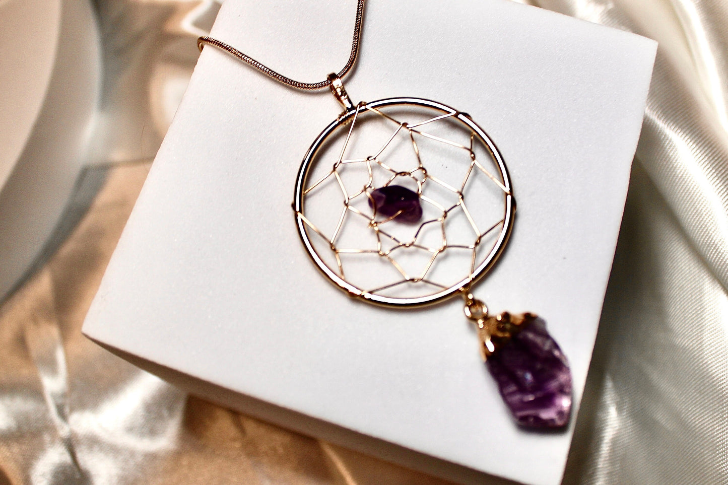 Gold plated, amethyst, dream catcher, necklace