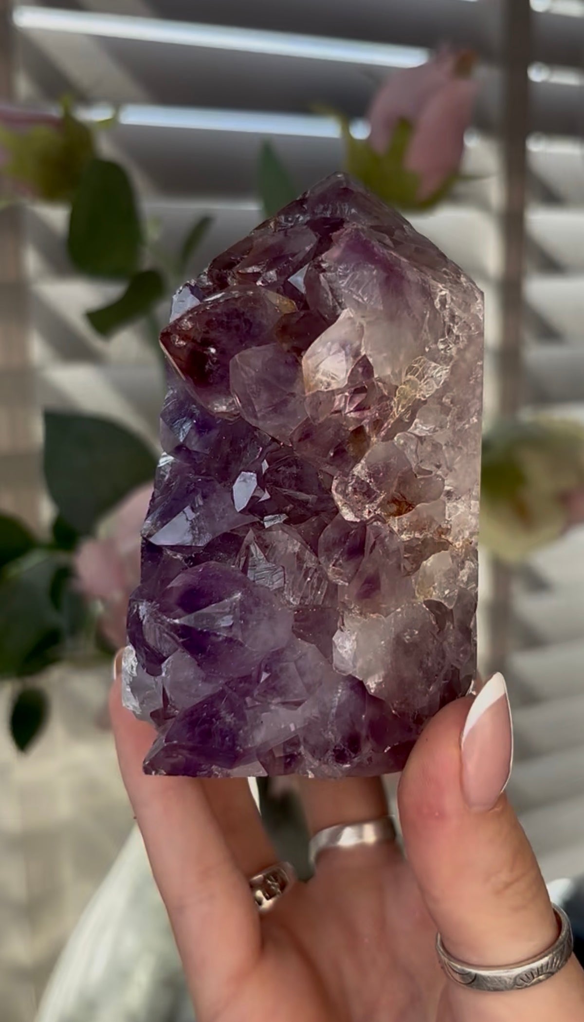 Beautiful, chunky Pink amethyst tower with purple quartz 9.5cm(h) by 6cm(w)