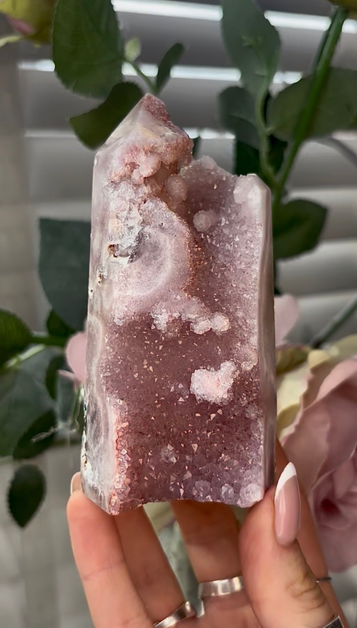 Beautiful, hq, druzy, Pink amethyst tower 11.7cm(h) by 5.4cm(w)