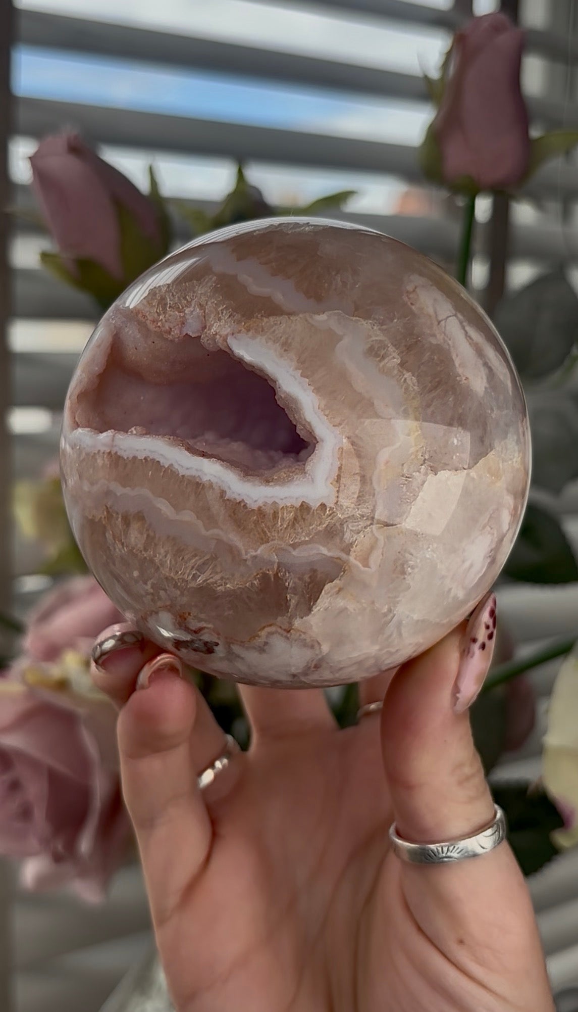 High grade, amethyst Flower agate sphere with high clarity quartz 8.5cm