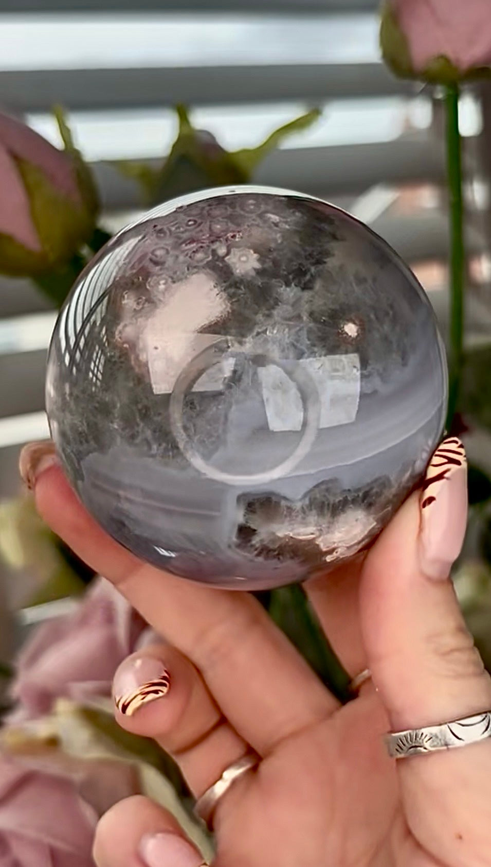 Stunning!! Super high quality, Druzy, green chlorite x blue flower agate sphere