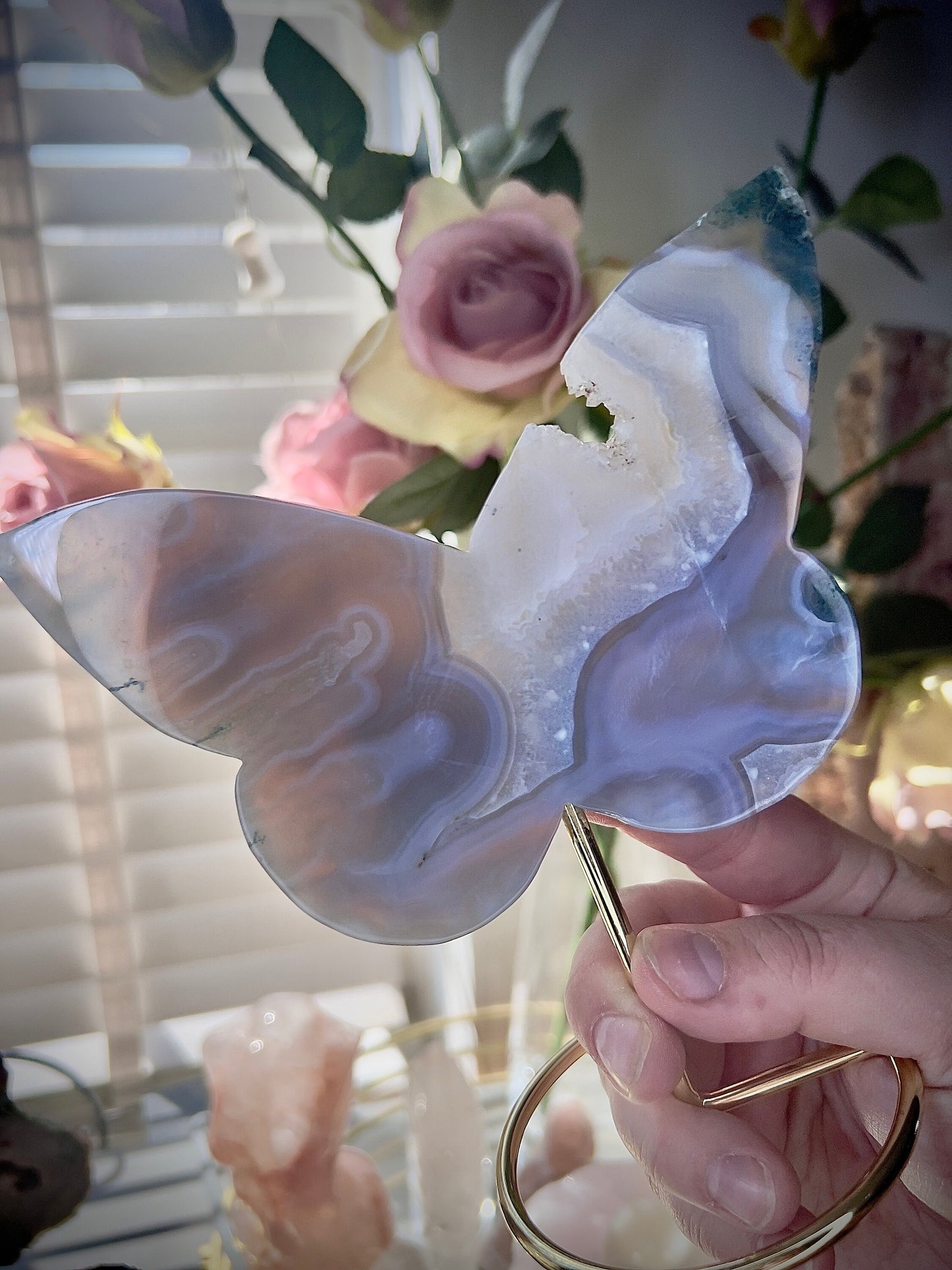 High grade, blue moss agate & quartz, butterfly with, gold pedestal stand