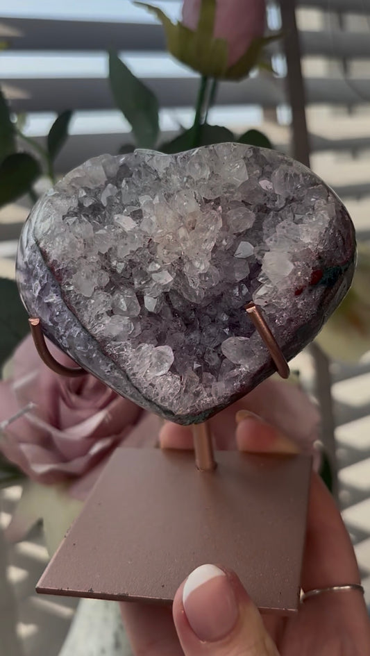 Gorgeous, high quality, pink amethyst heart with Jasper - comes with stand