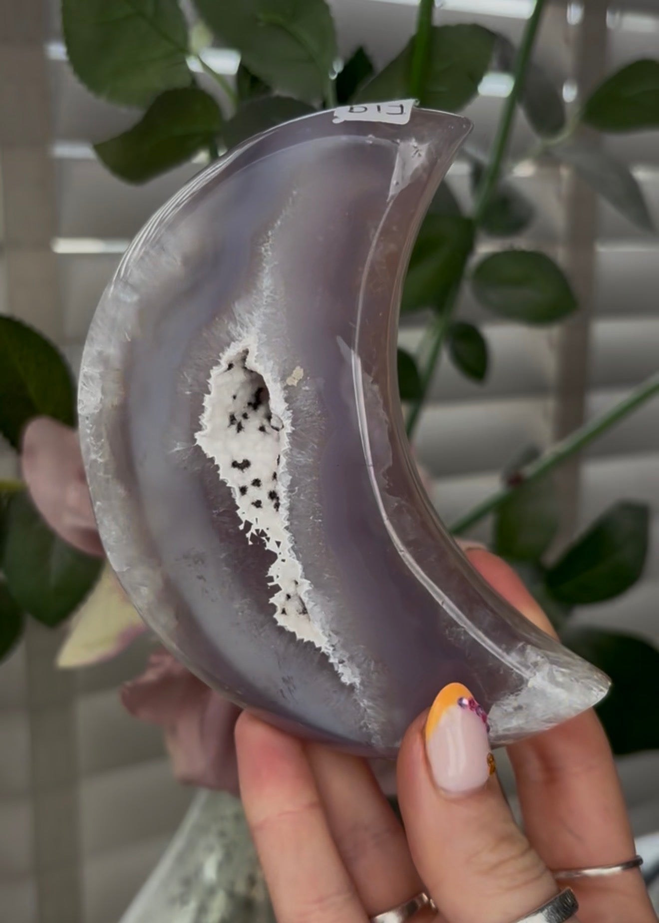 Beautiful, high grade, agate moon with druzy - comes with stand