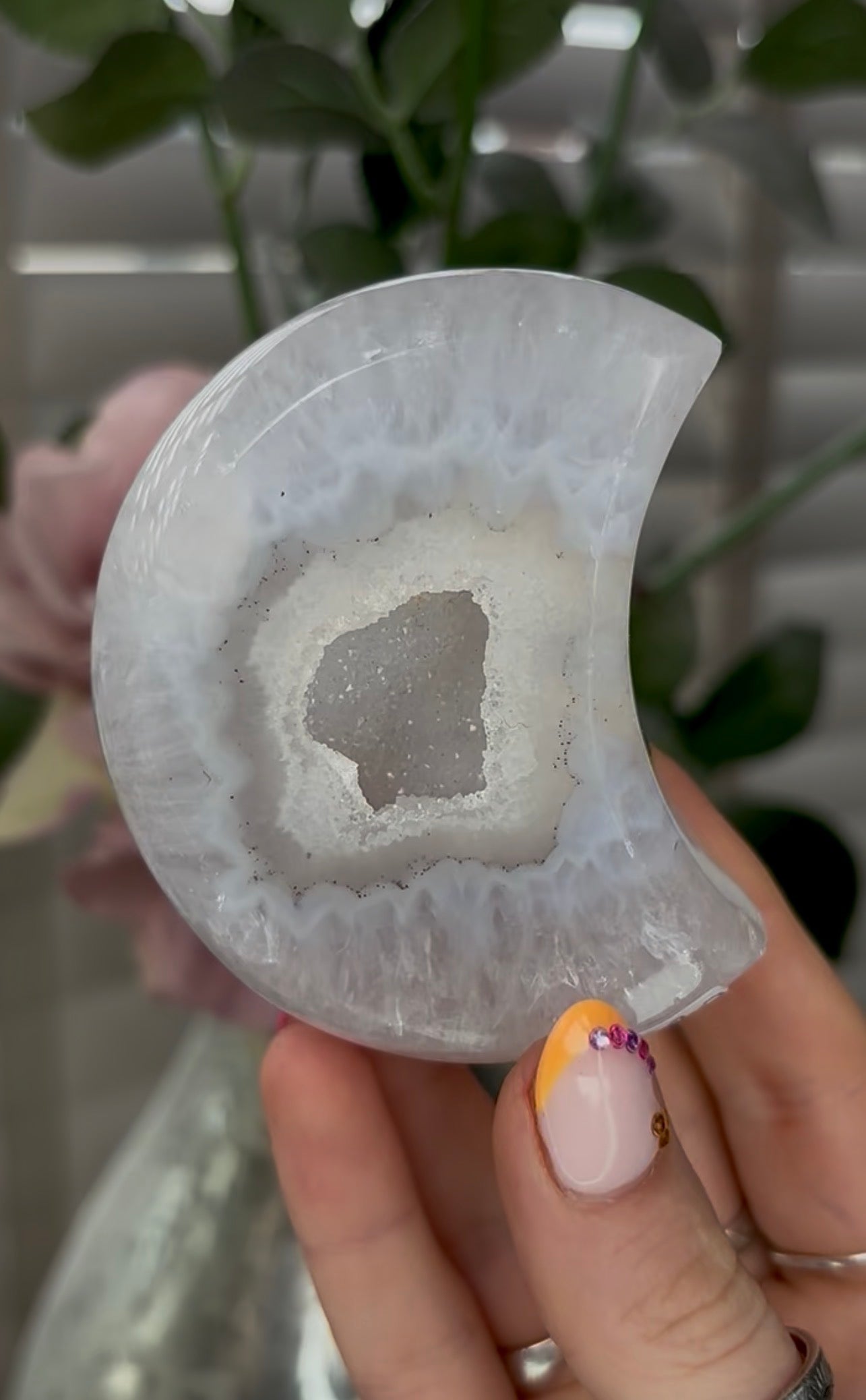 Beautiful, high grade, agate moon with druzy - comes with stand
