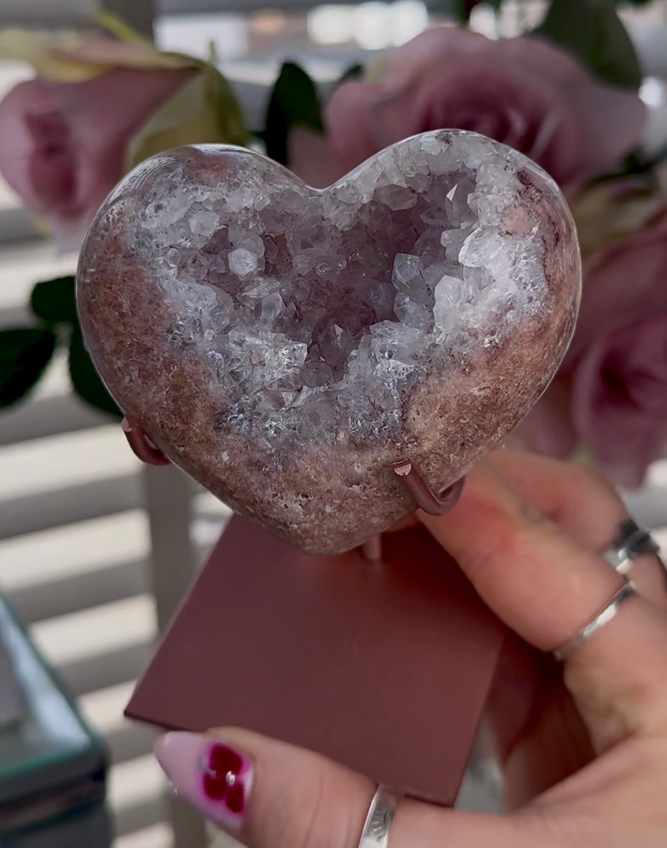 Hq pink amethyst heart with druzy - comes with stand