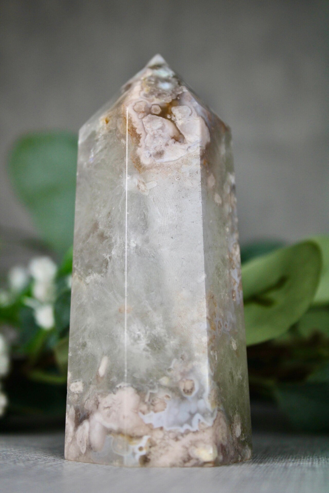 Green chlorite, flower agate, 6 side, polished tower 295g 11cm (H) 4.5cm (W)