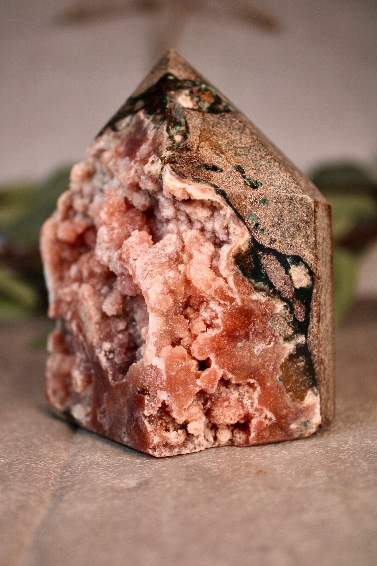 High grade Pink amethyst tower with peach toned sugar druzy - 500g 10cm high