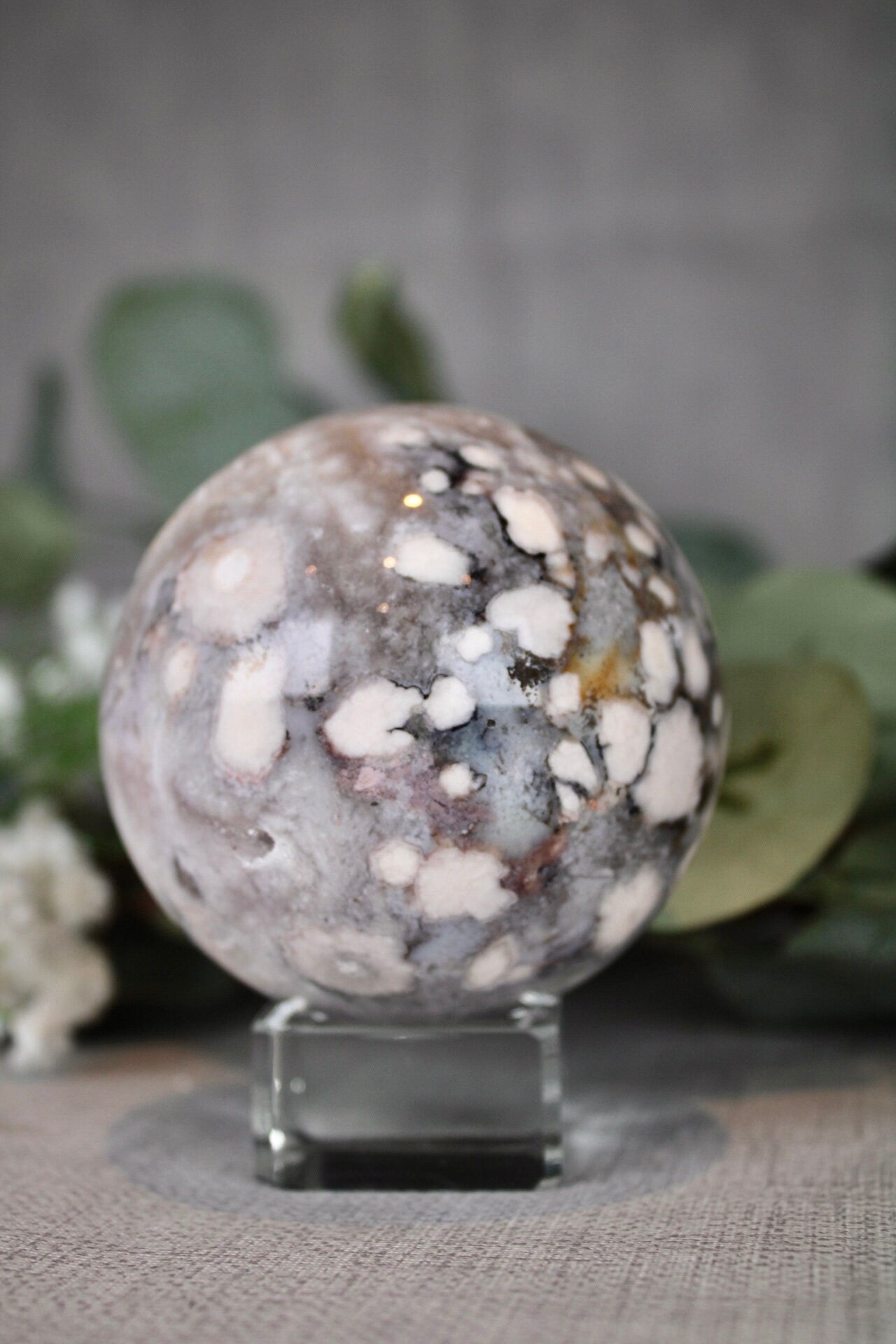 Blue flower agate x chlorite quartz sphere 495g 7cm