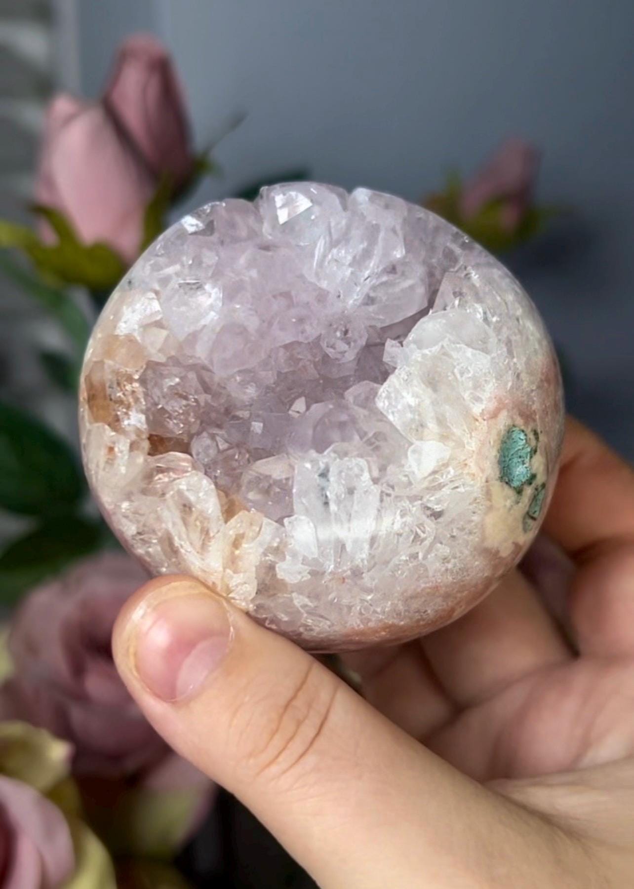 High grade, pink amethyst sphere with high clarity, rainbow, quartz teeth 429g