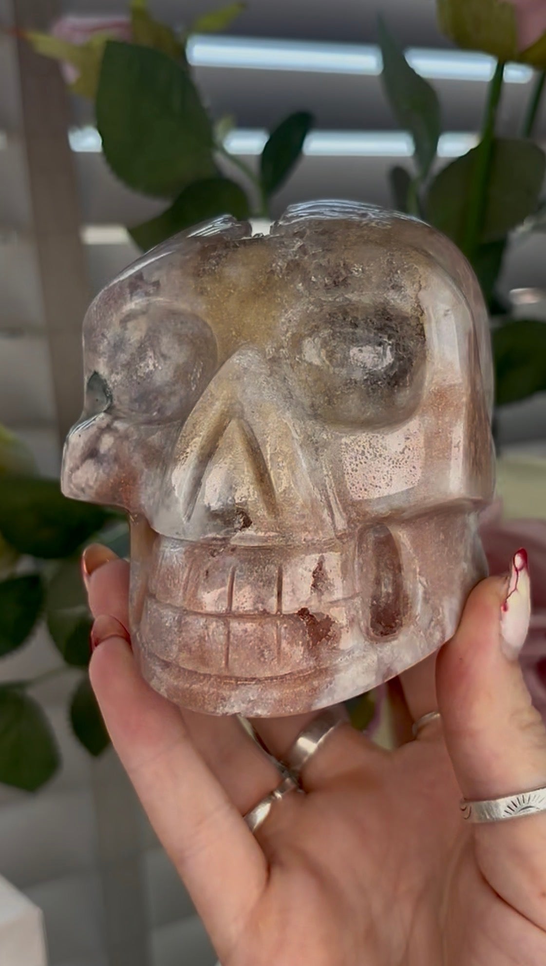 High grade, pink amethyst skull carving