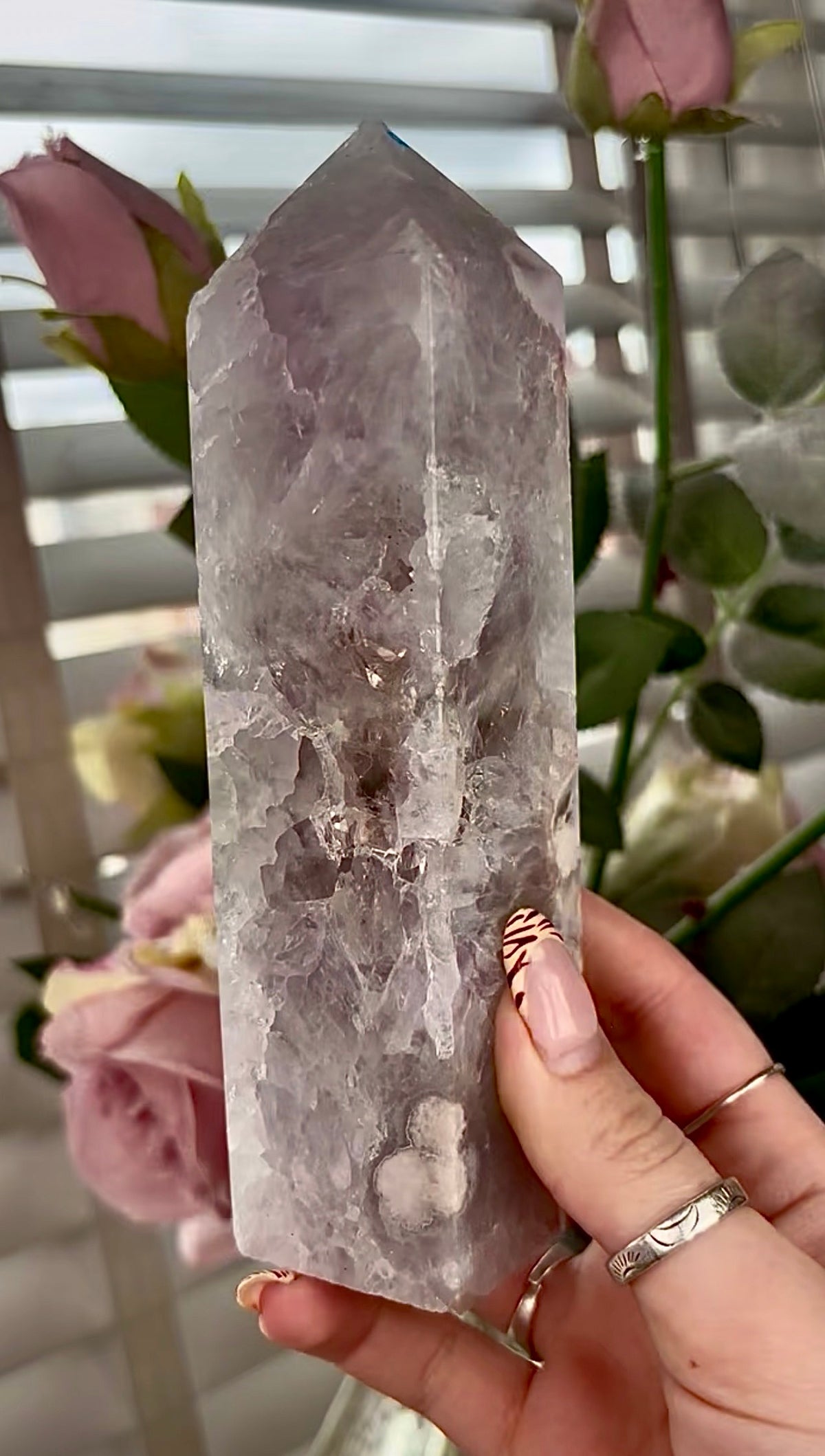 Stunning!! Super high quality, Druzy, green chlorite x blue flower agate tower