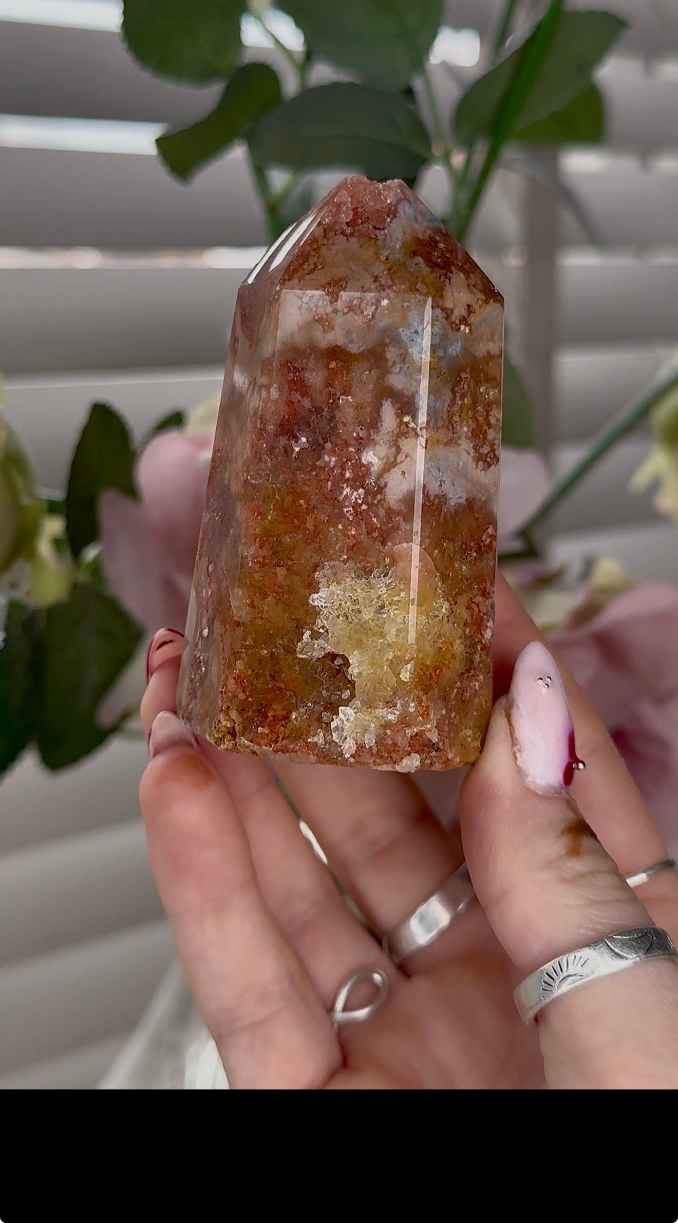 Pink amethyst tower with with agate & golden healer inclusions 8cm by 4.5cm