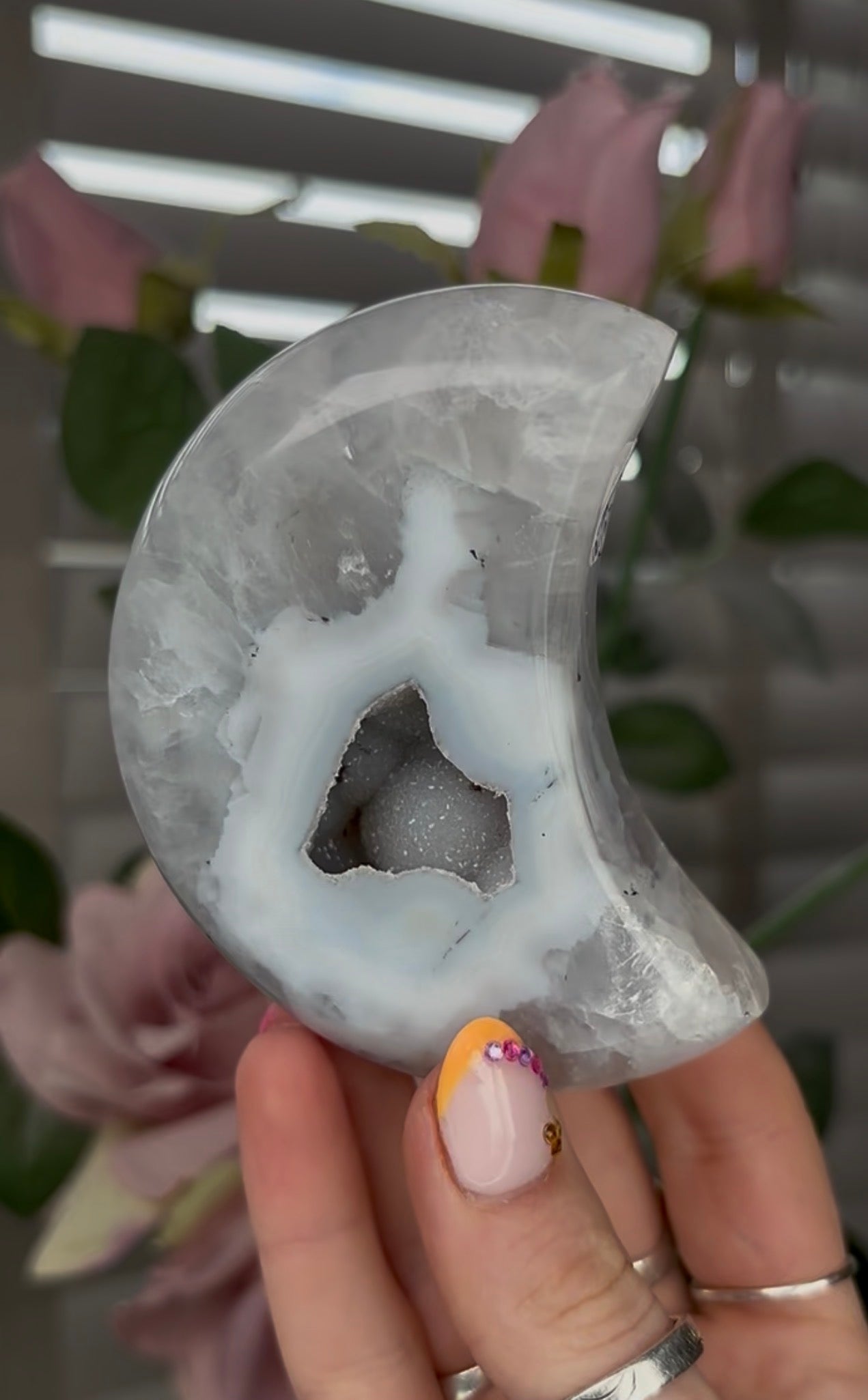 Beautiful, agate moon with druzy - comes with stand