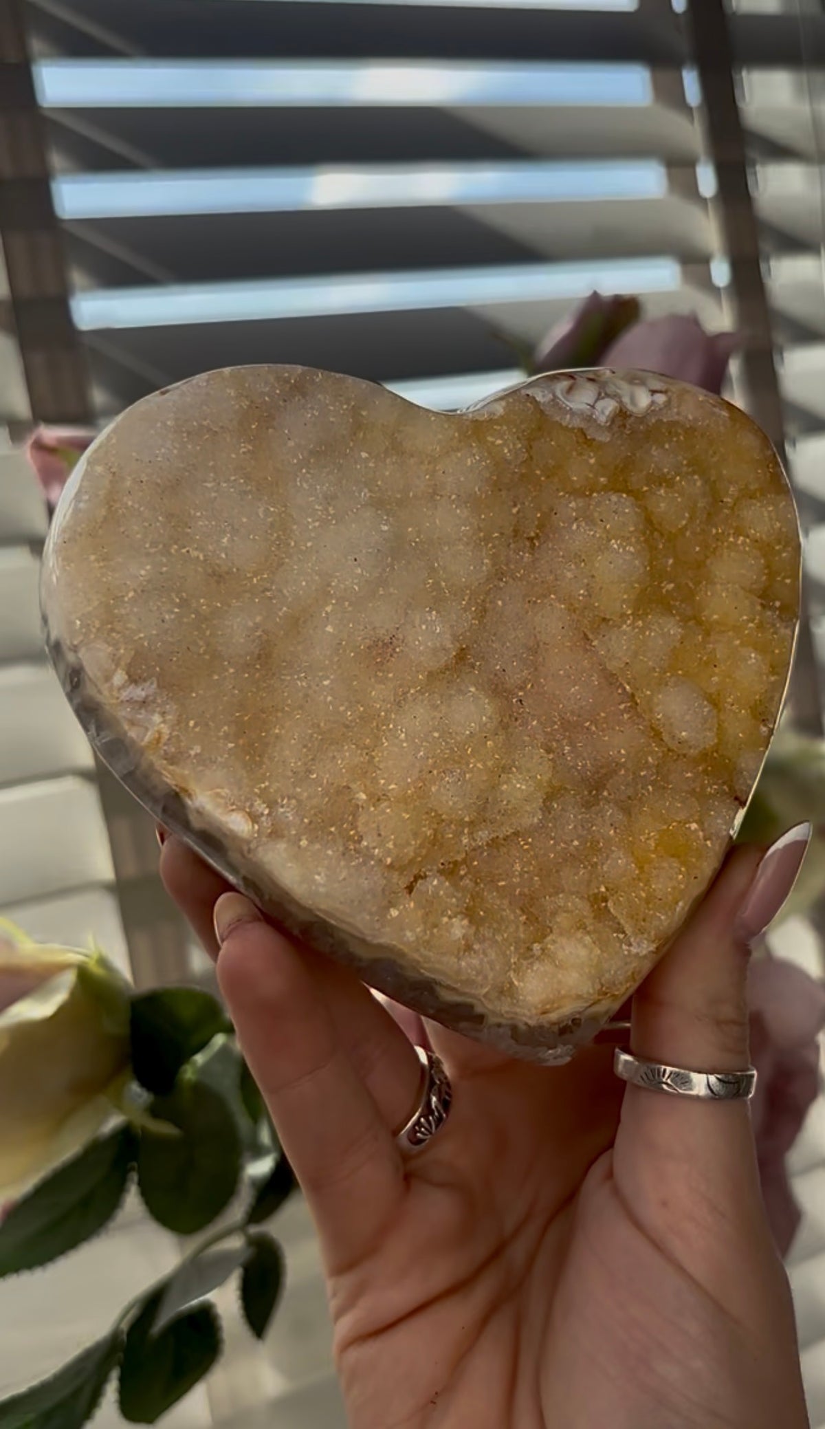 Uruguay, sugar druzy, amethyst heart in lemon tone - comes with stand