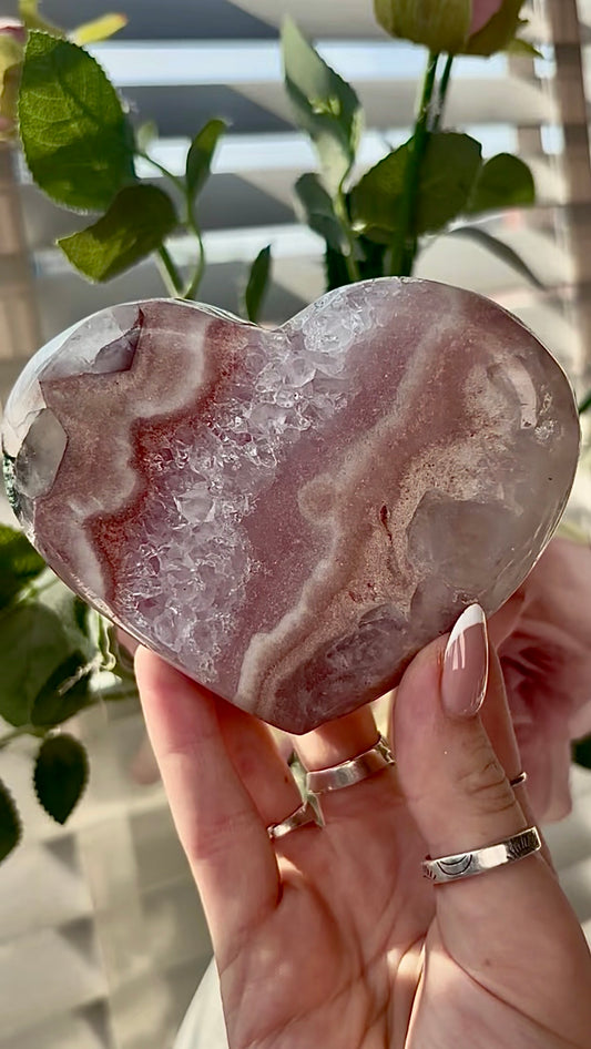 Gorgeous, pink amethyst heart with beautiful banding - comes with stand