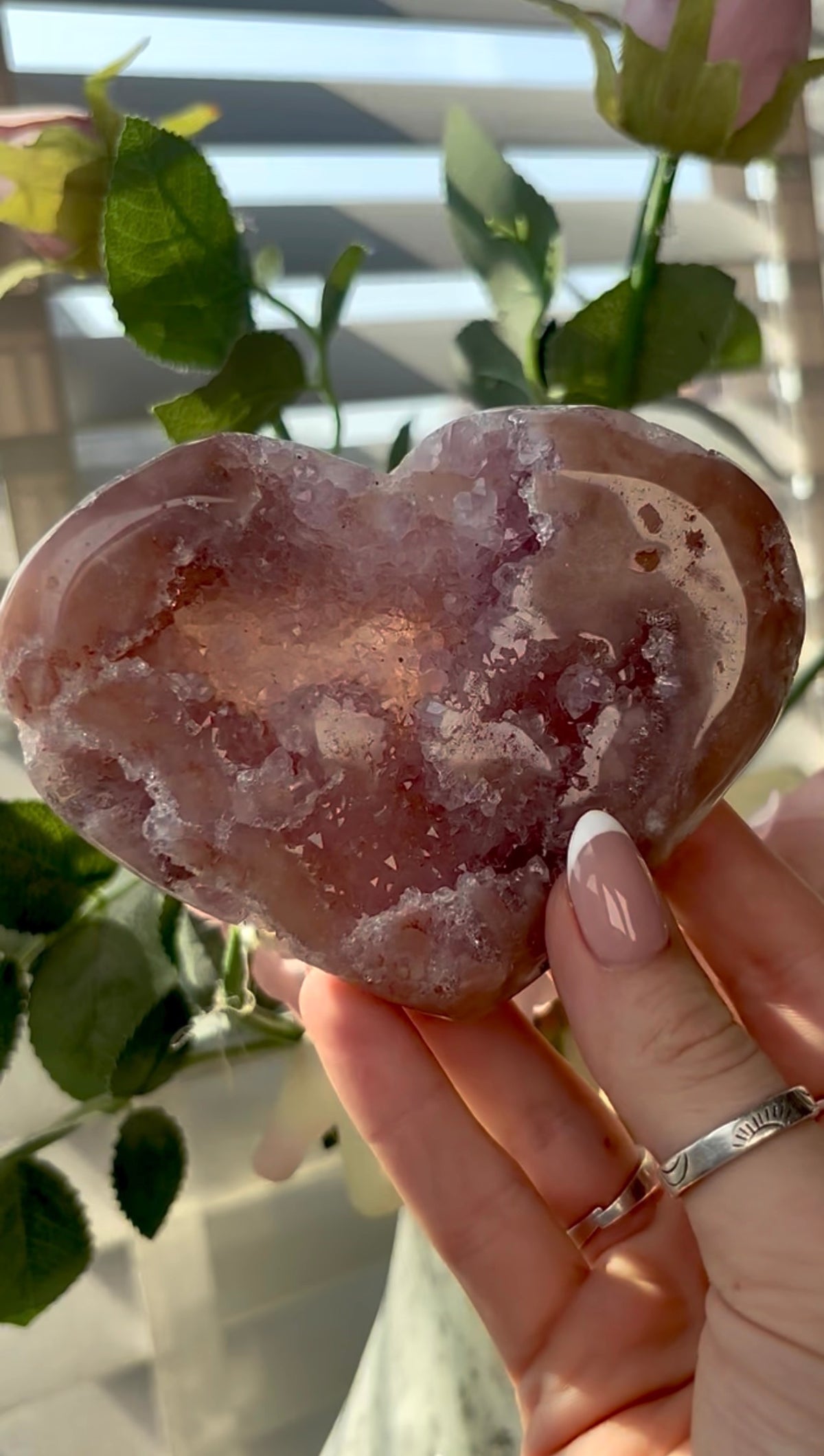 Gorgeous, hq, druzy pink amethyst heart- comes with stand