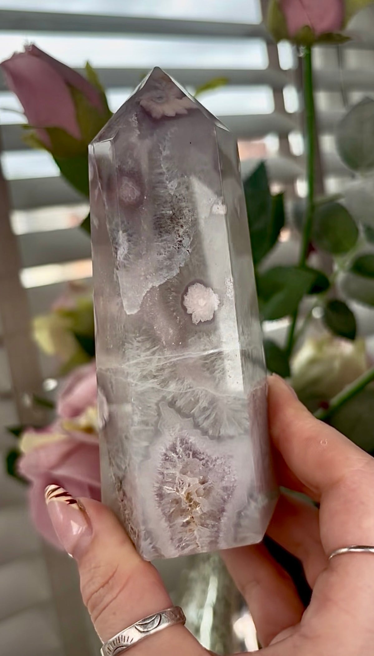 Stunning!! Super high quality, Druzy, green chlorite x blue flower agate tower