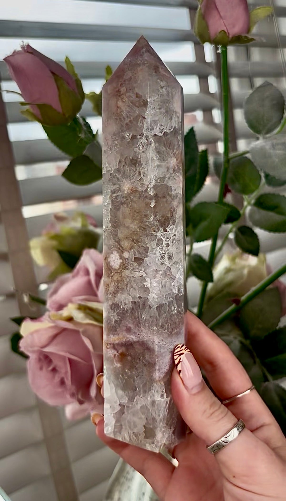 Stunning!! Super high quality, Druzy, green chlorite x blue flower agate tower