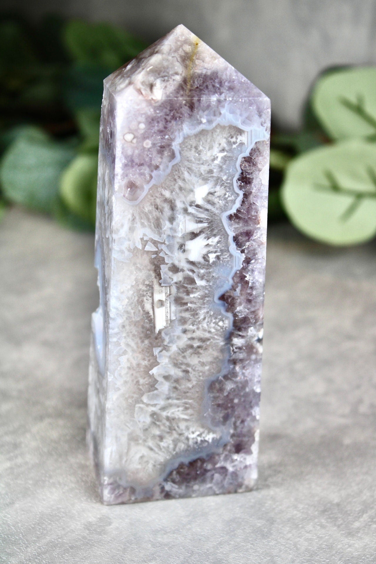 New find! Rare find! Gorgeous, chlorite, green flower agate with amethyst tower