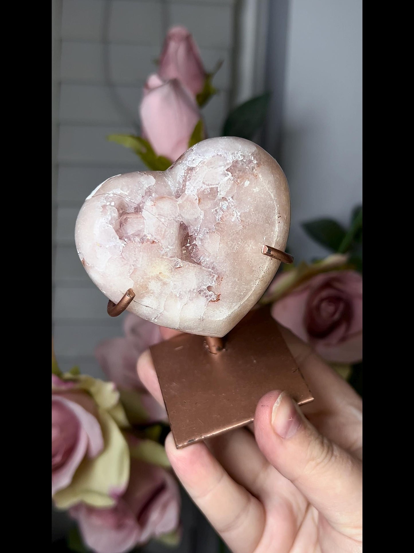 pink amethyst heart with quartz druzy comes with stand that is scratched (discount added)