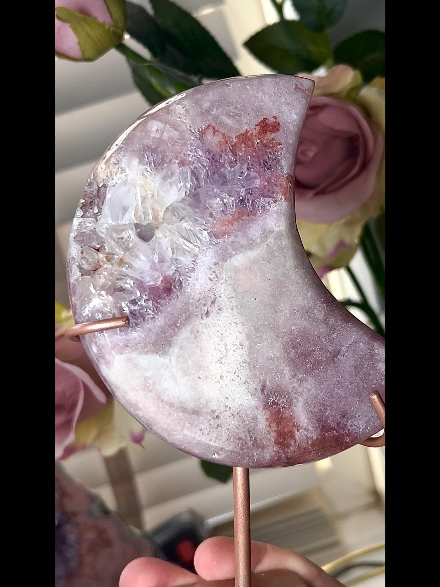 High grade, pink amethyst moon with purple quartz druze 400g