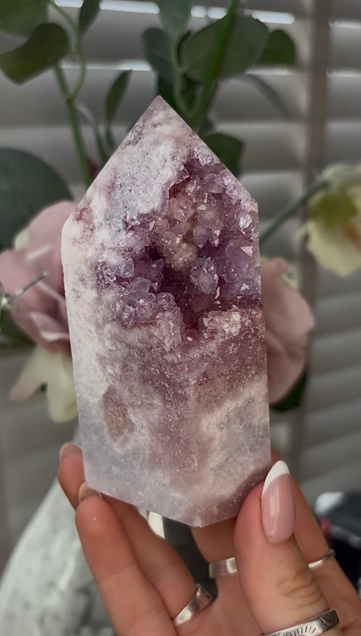 Beautiful, hq, druzy, Pink amethyst tower 11cm(h) by 6cm(w)
