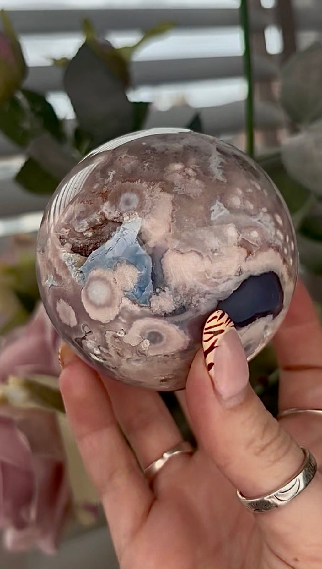 Stunning!! Super high quality, Druzy, green chlorite x blue flower agate sphere