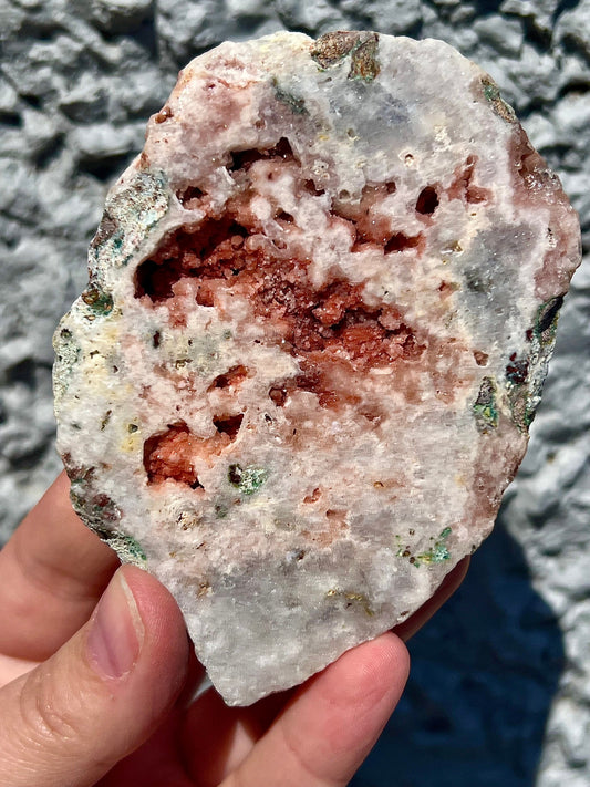 high quality, pink amethyst slab with vibrant red sugar druzy