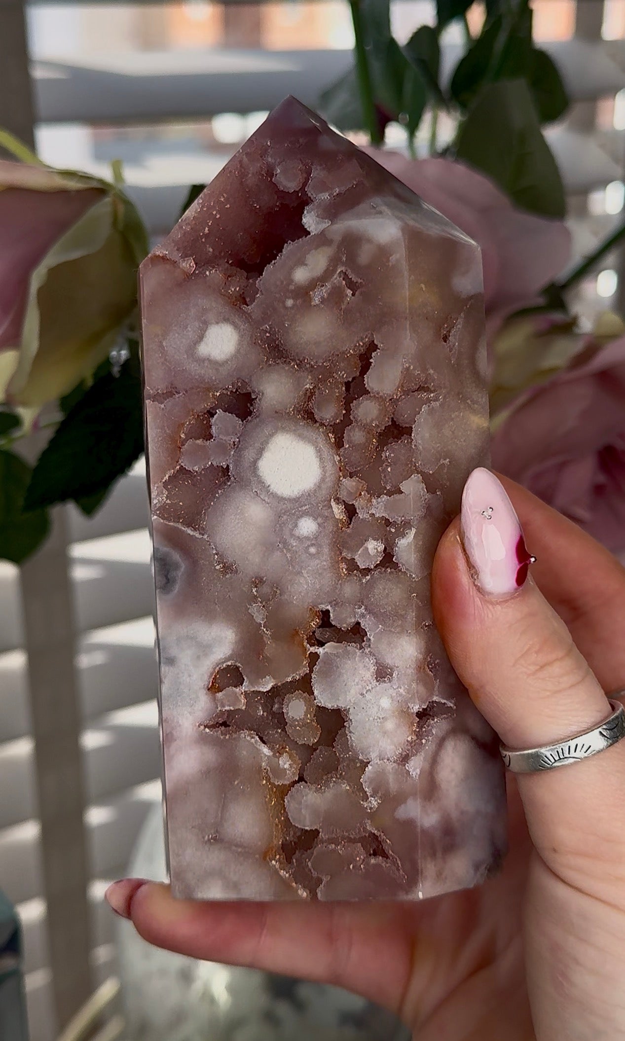 High quality Pink amethyst tower with bubble druzy