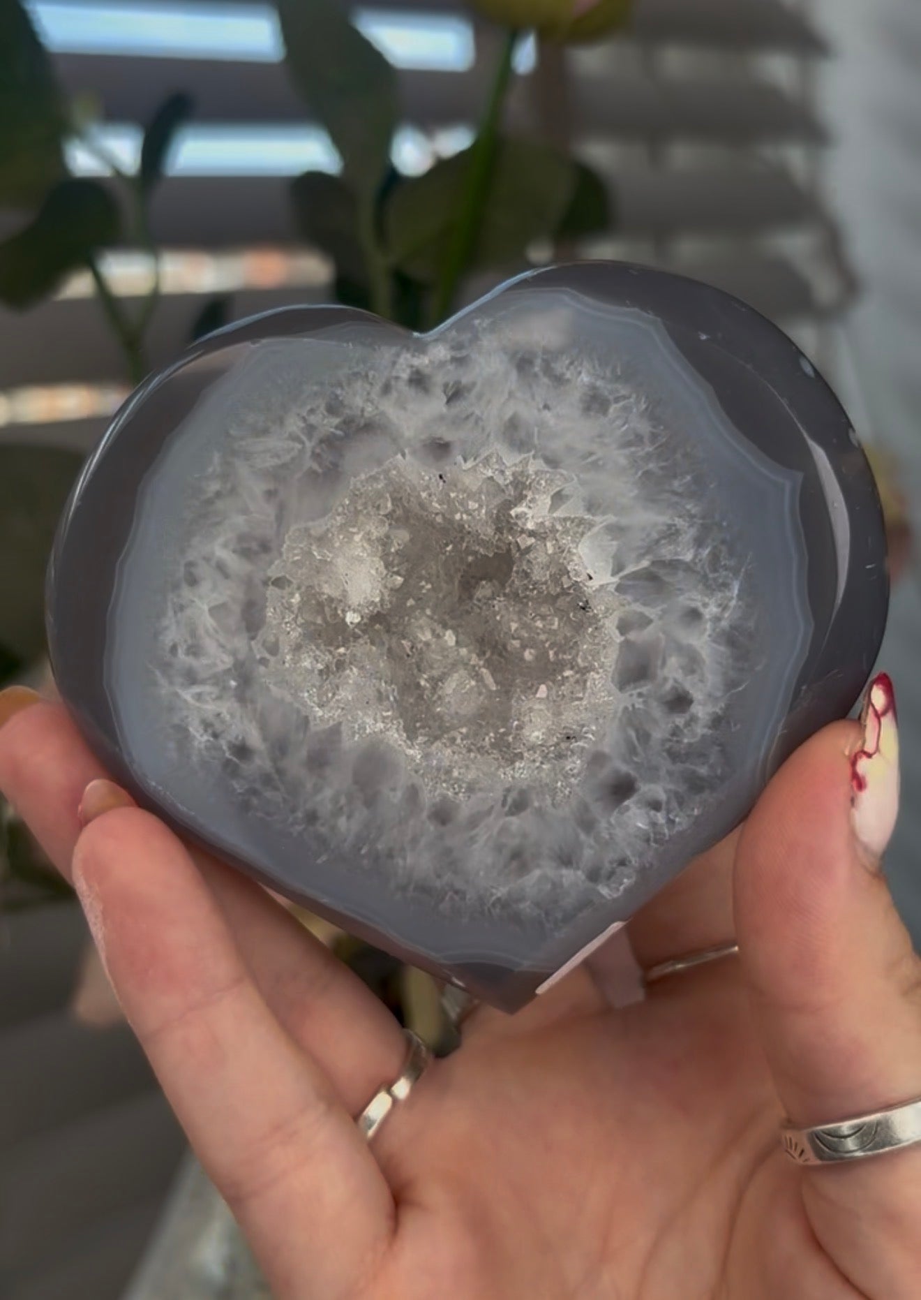Beautiful, blue agate heart with druzy - stand included