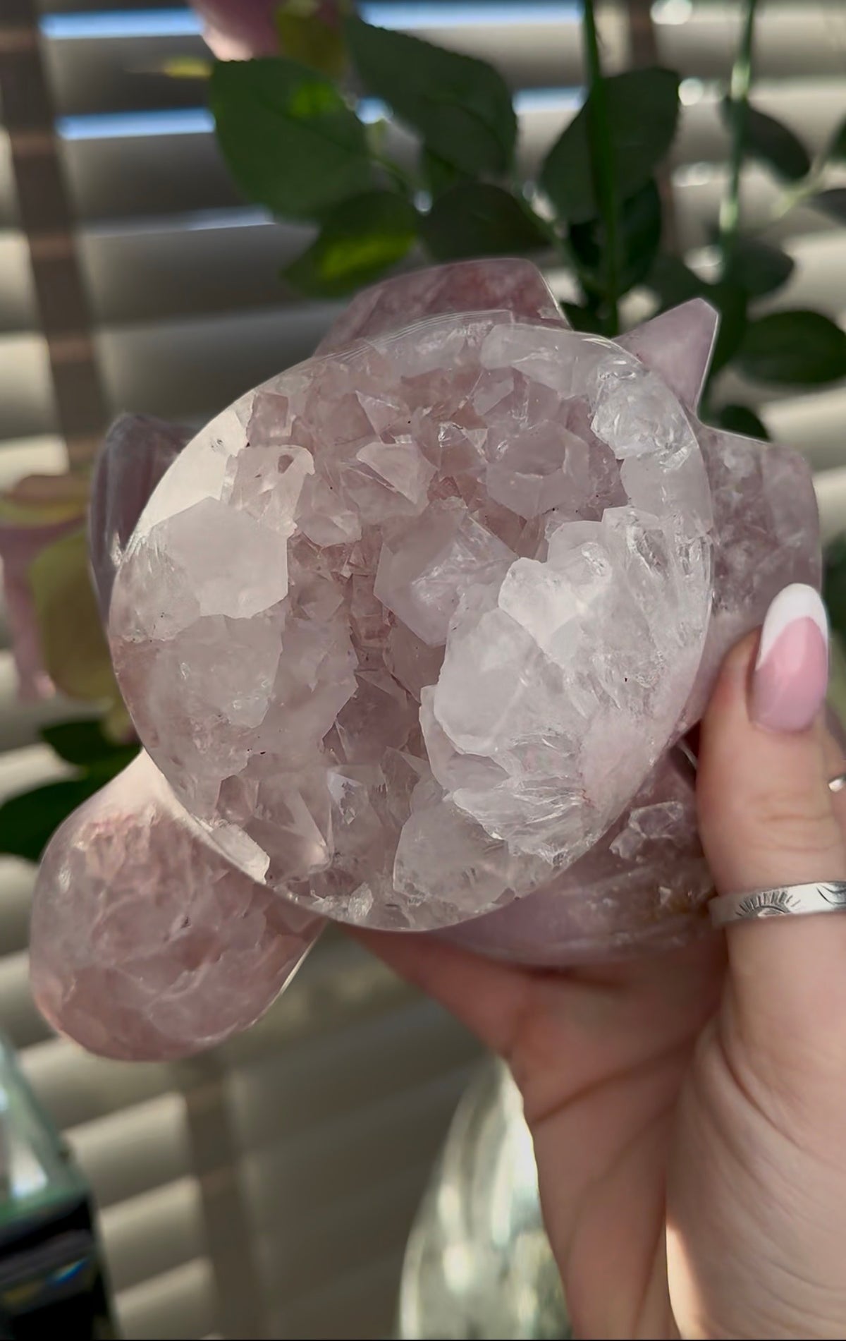 High grade, pink amethyst with chunky quartz sea turtle carving