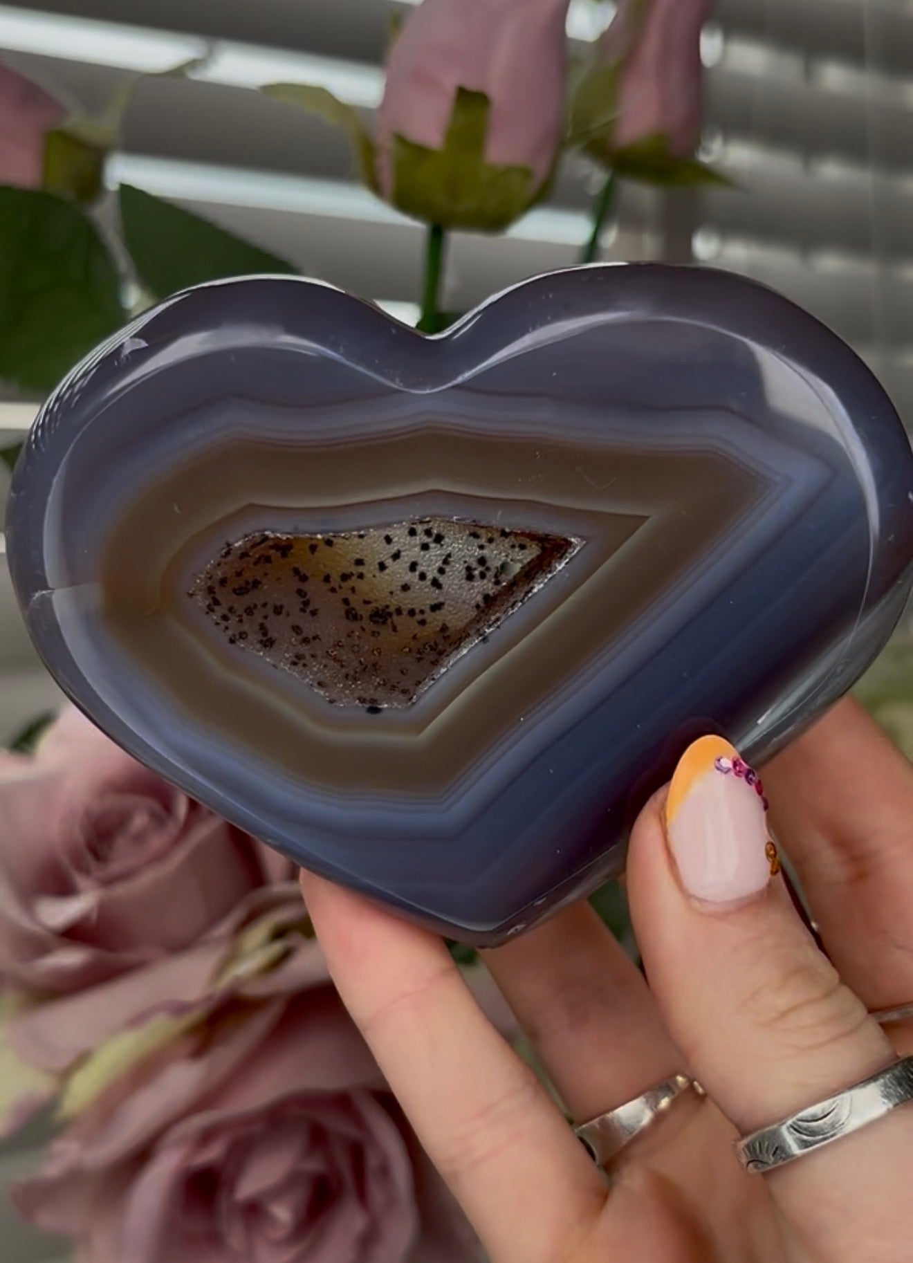 Beautiful, high grade, blue agate heart with druzy - comes with stand
