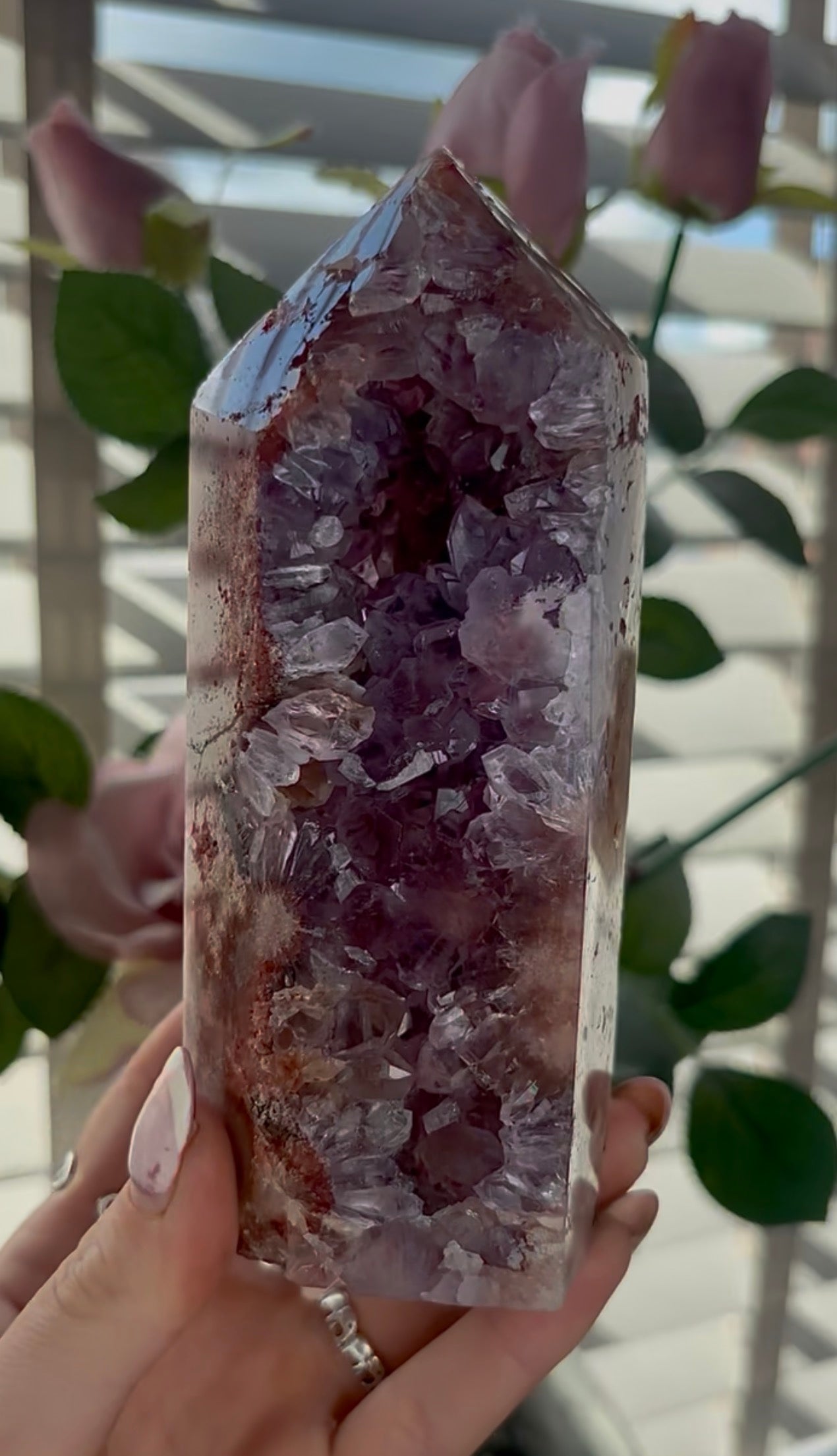 Beautiful, high quality, Pink amethyst tower with purple quartz