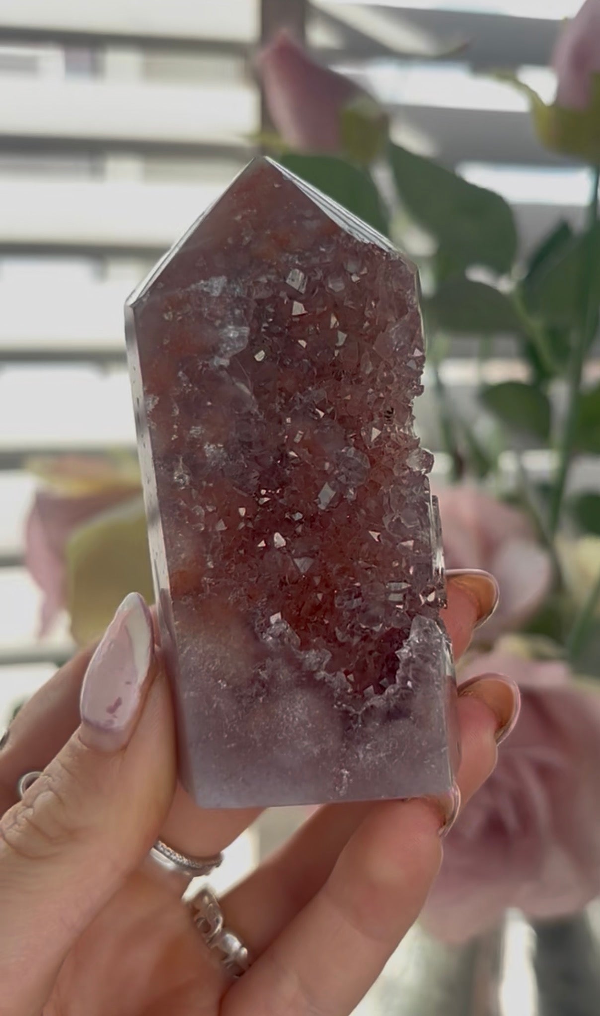 Beautiful, high quality, Pink amethyst tower in berry tones with sugar druzy