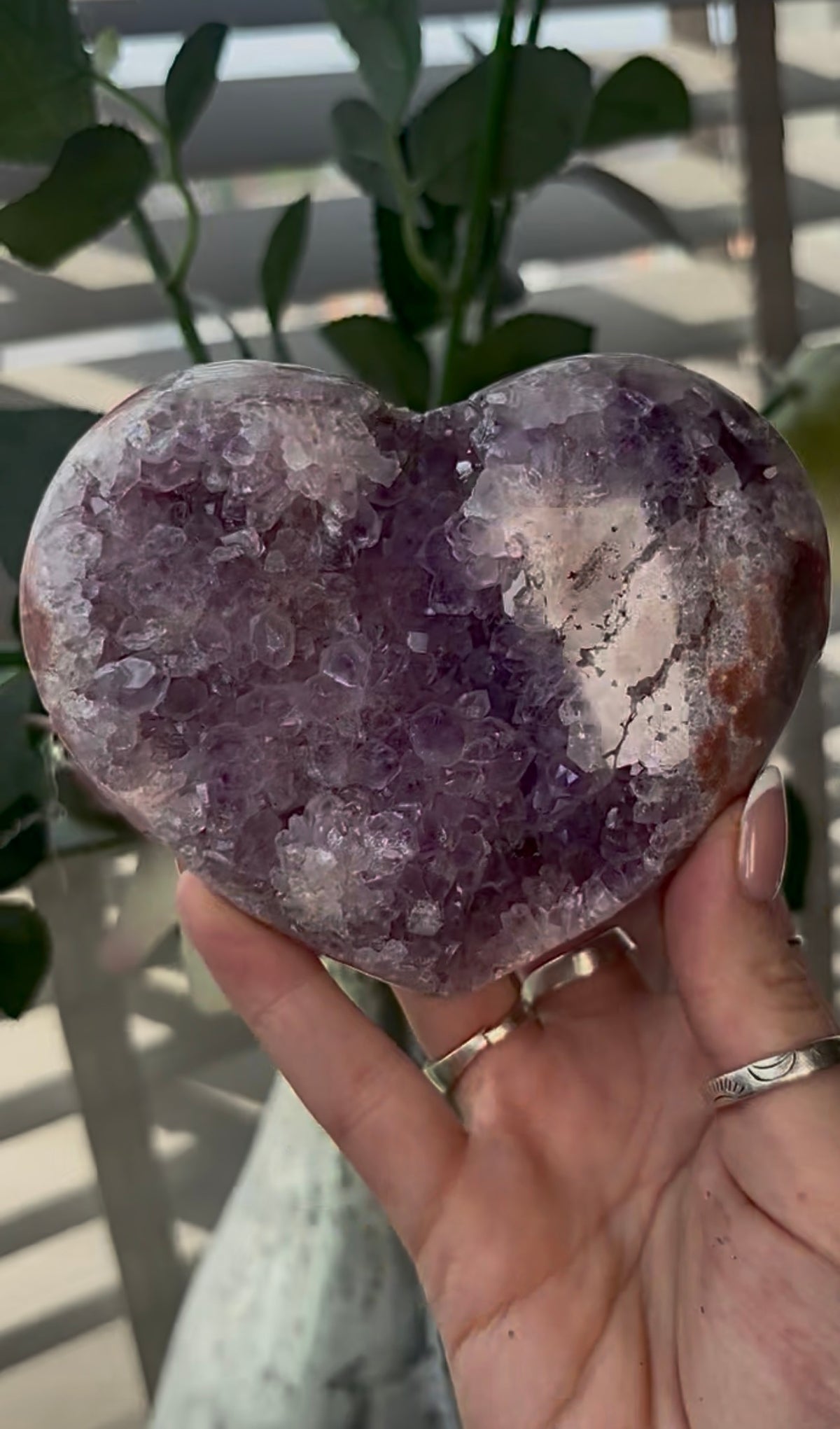 Gorgeous, high quality, pink amethyst heart with purple quartz - comes with stand