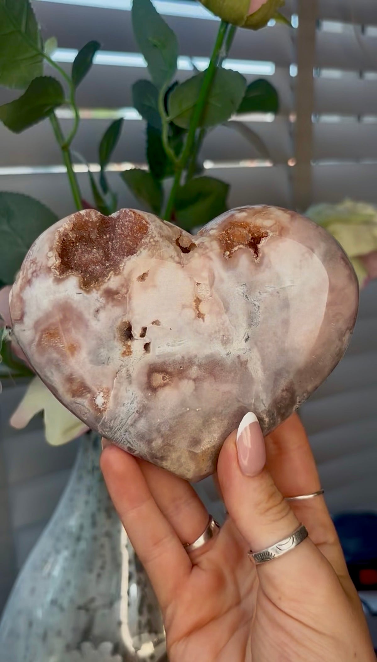 Gorgeous, pink amethyst heart- comes with stand