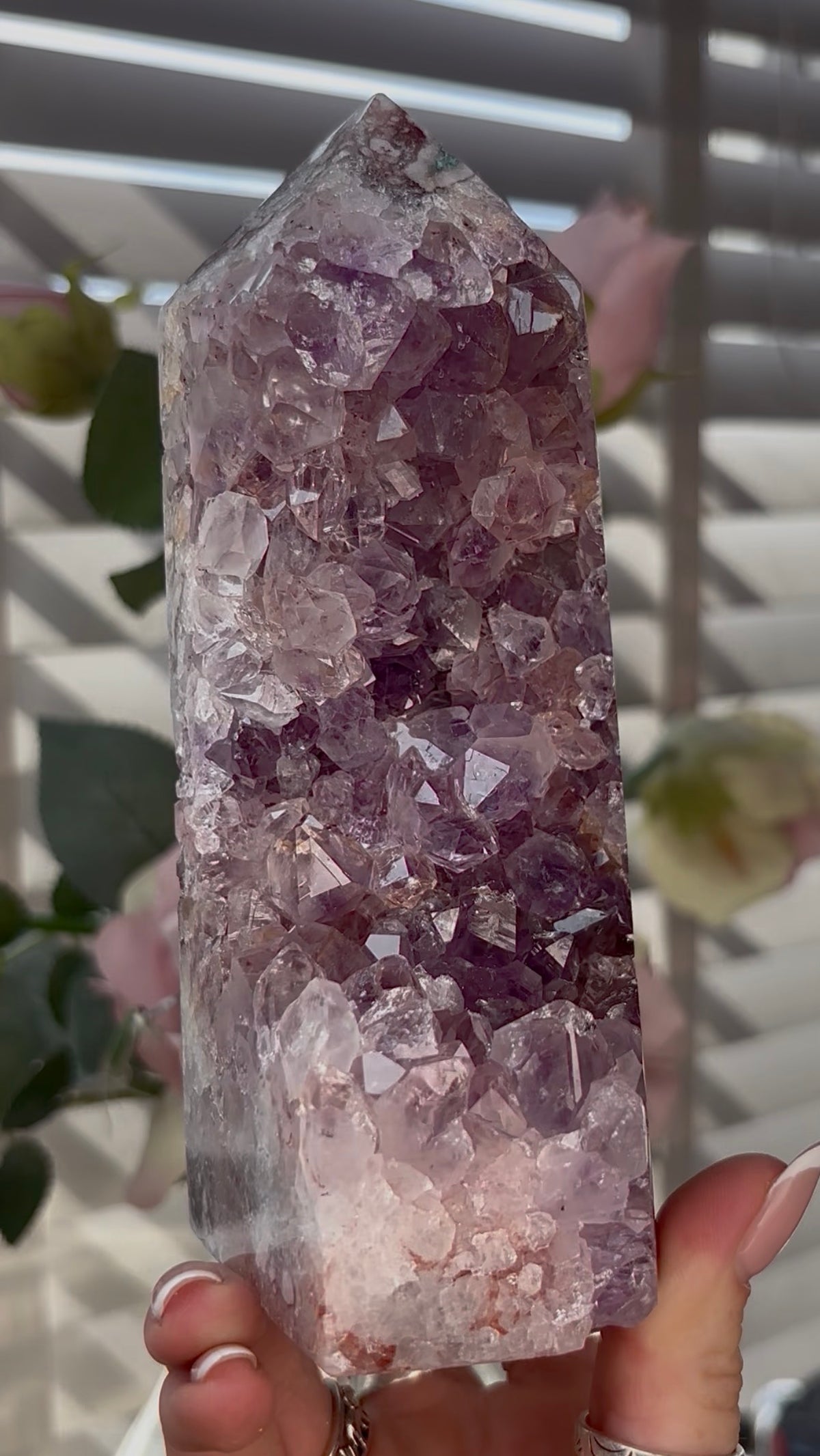 Beautiful, Pink amethyst tower with purple quartz teeth 17cm(h) by 7cm(w)