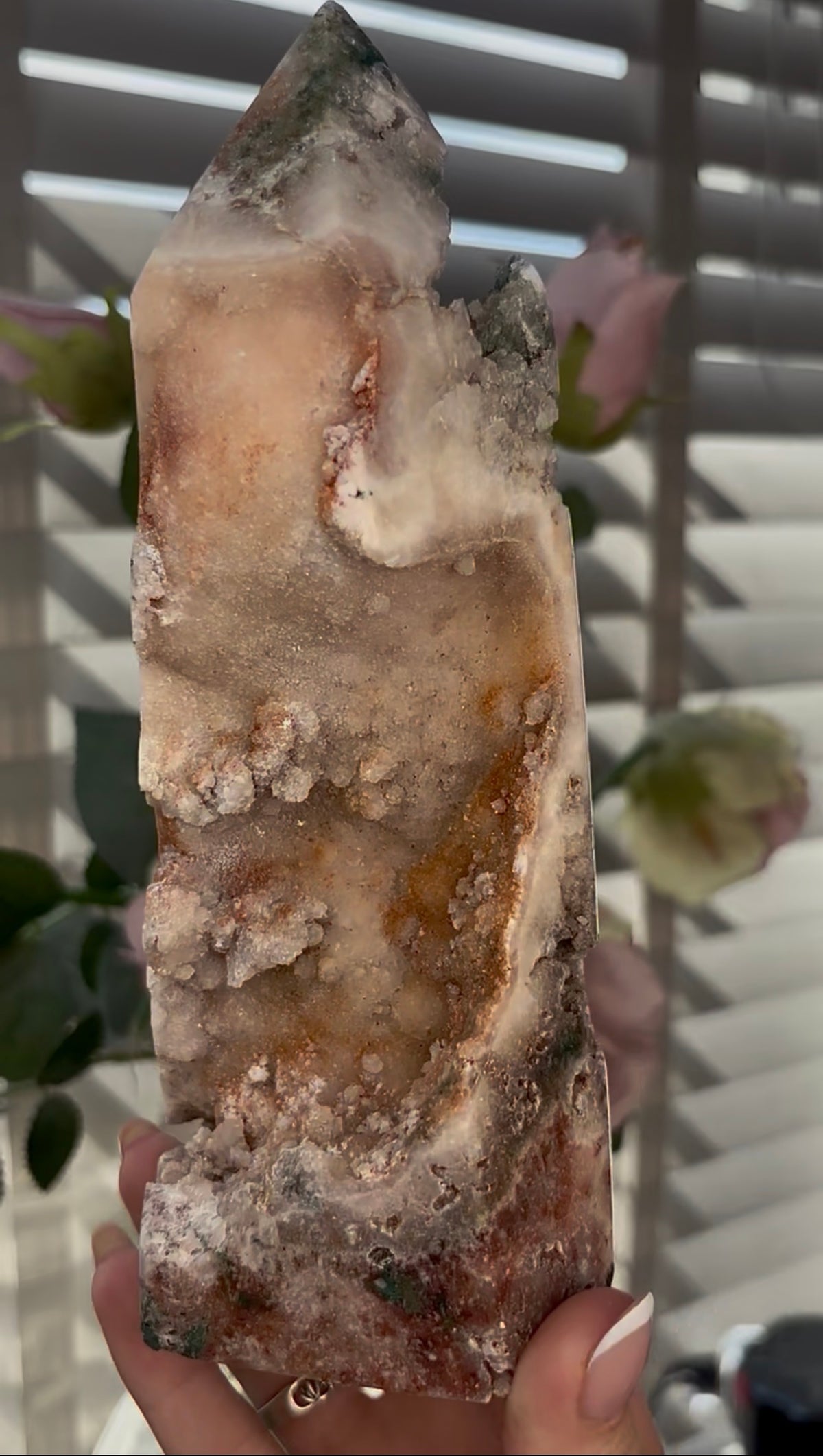 Beautiful, Pink amethyst tower with Jasper 19.5cm(h) by 7.5cm(w)