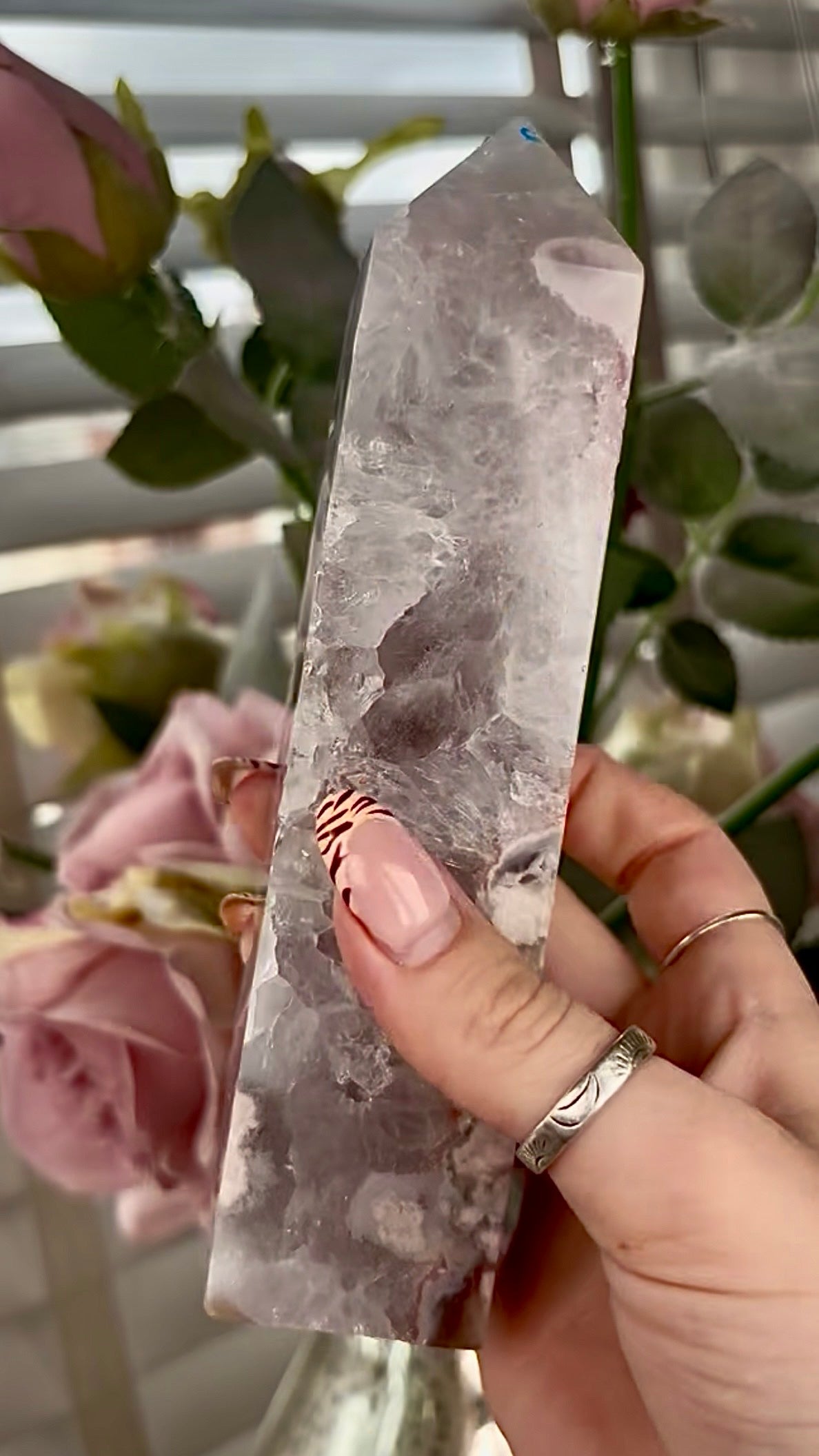 Stunning!! Super high quality, Druzy, green chlorite x blue flower agate tower