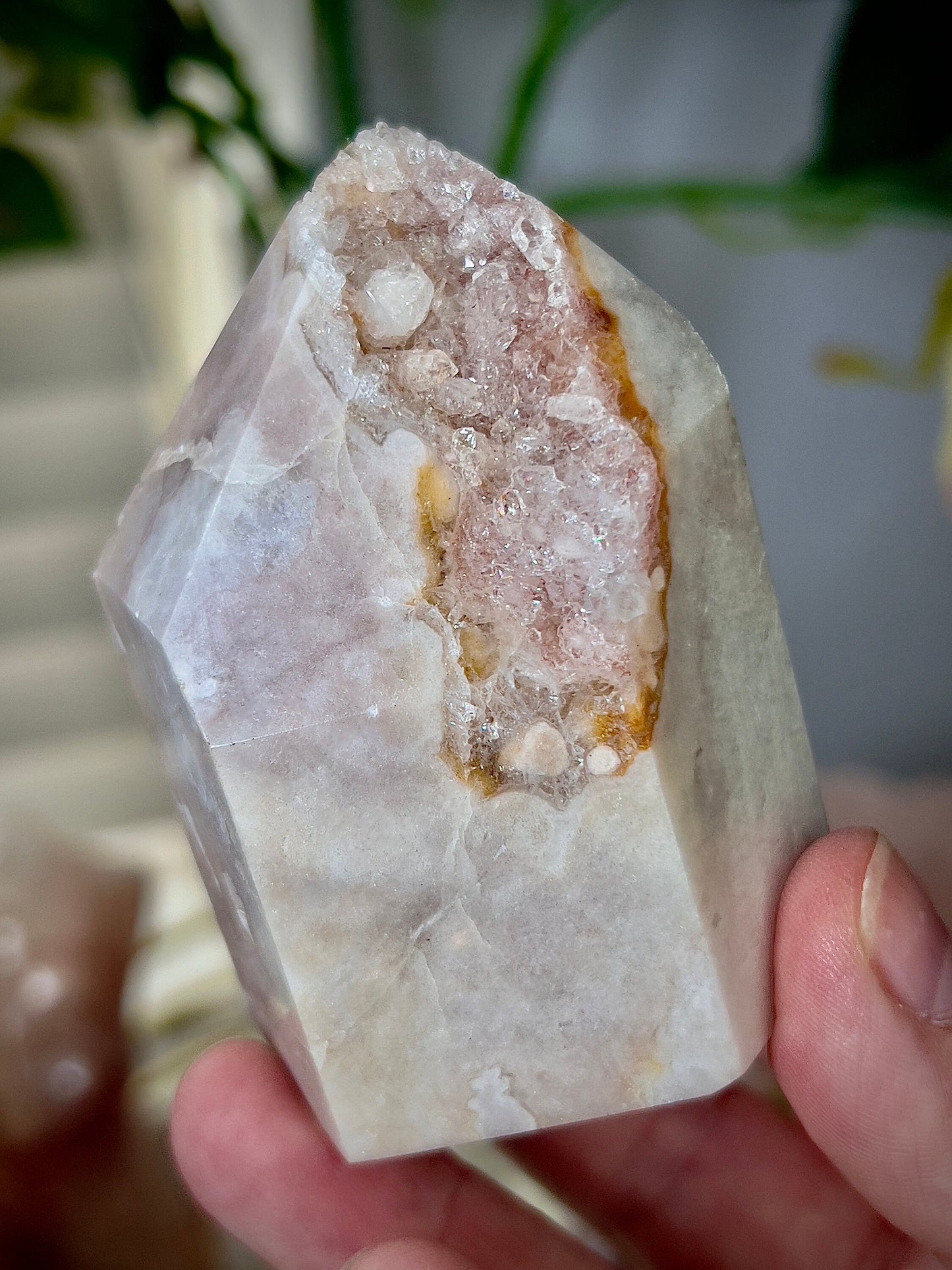 Stunning pink amethyst, tower with orange lining and high clarity quartz druzy