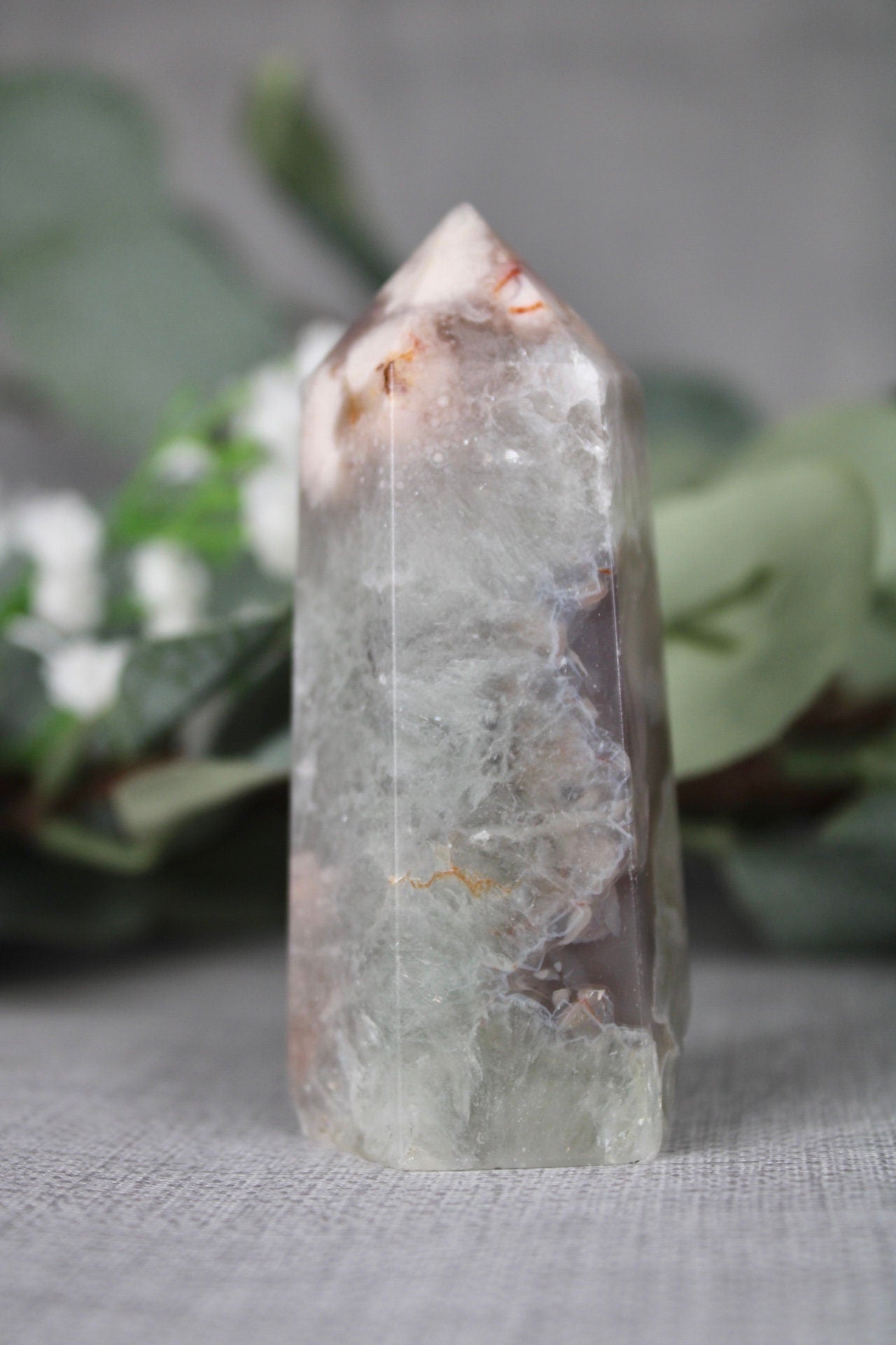 Chlorite flower agate, 6 sided, polished tower 145g 8cm