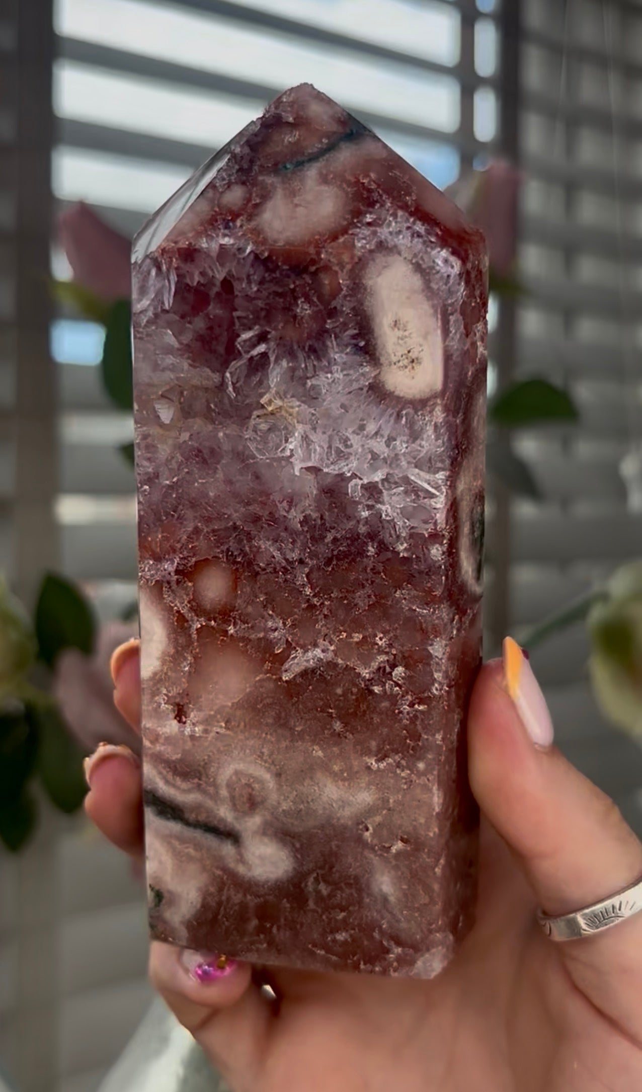 Beautiful, high quality, Pink amethyst tower with Green jasper