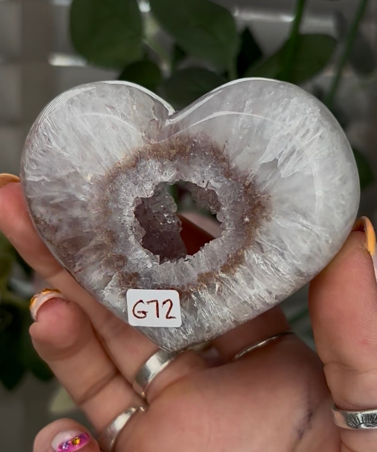 Beautiful, high grade, agate heart with druzy - comes with stand
