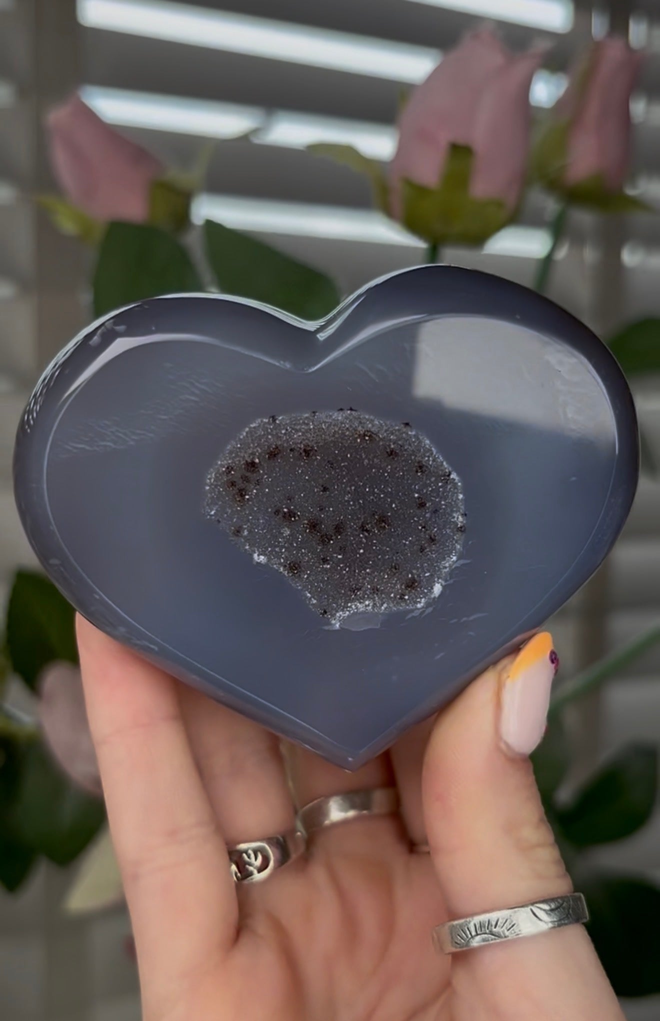 Beautiful, high grade, blue agate heart with druzy - comes with stand