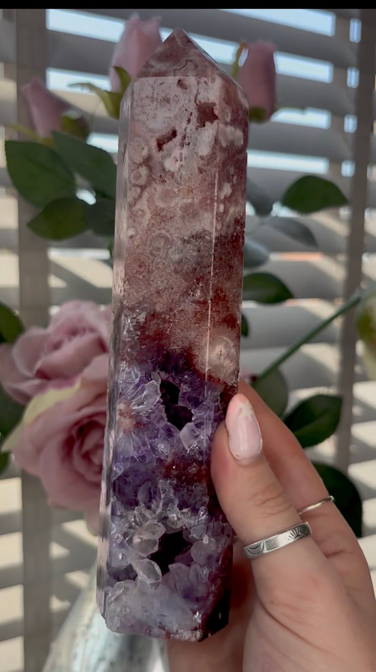 Beautiful, high quality, tall, Pink amethyst tower with purple quartz & red hematite - 20cm